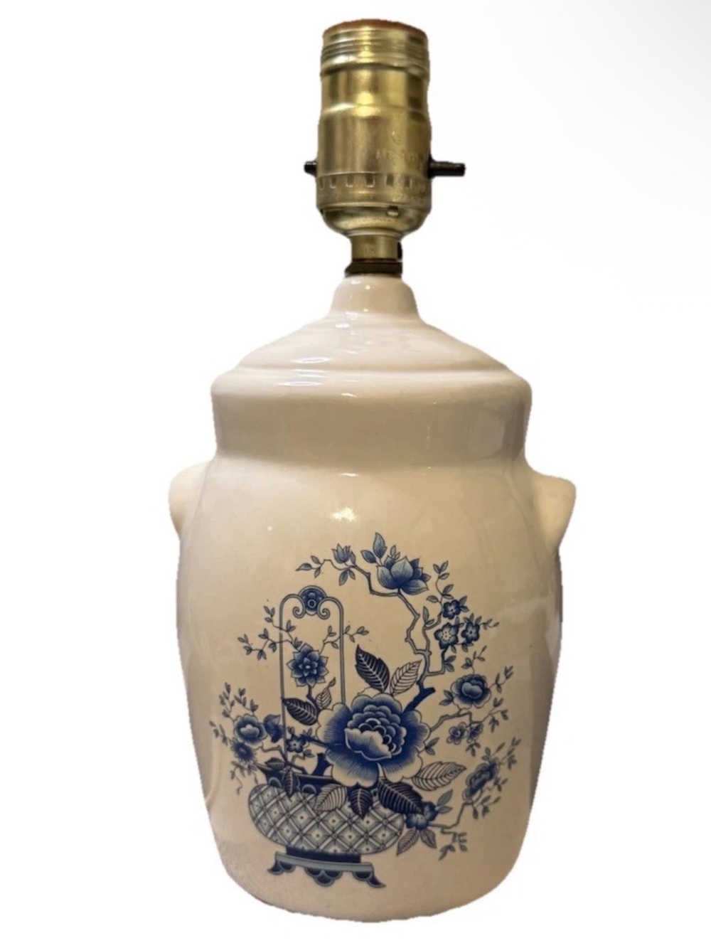 Vintage Ceramic Crock Table Lamp Blue and White Floral Lamp MADE IN USA